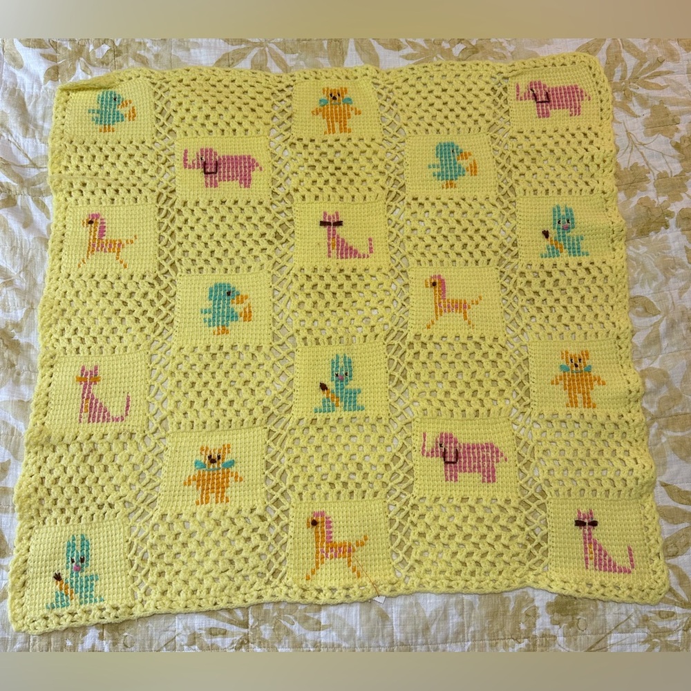Vtg Handmade Yellow Crocheted Easter Bunny Cat Horse Bear Elephant Baby Blanket